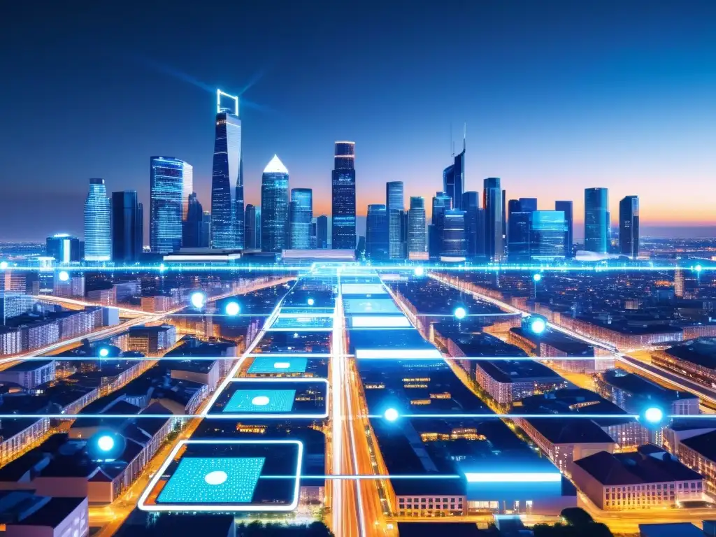 Vista nocturna de una ciudad moderna con rascacielos iluminados y pantallas digitales mostrando datos