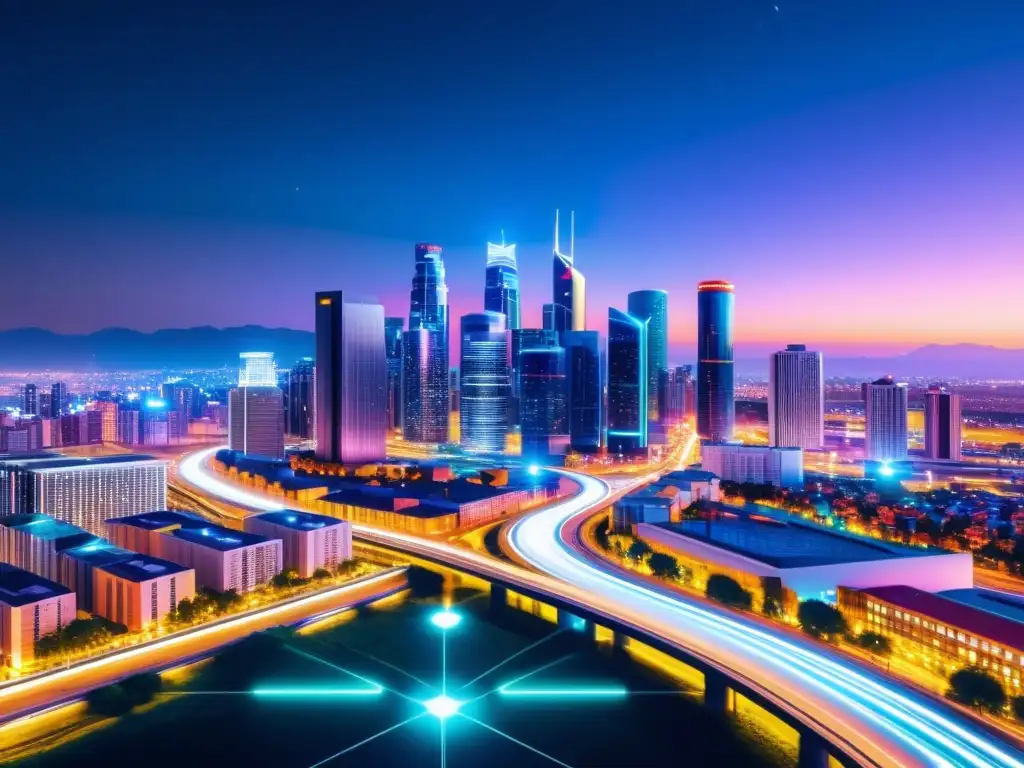 Skyline futurista nocturno con IoT y luces coloridas Vista nocturna de una ciudad moderna con edificios futuristas iluminados y una red de dispositivos IoT
