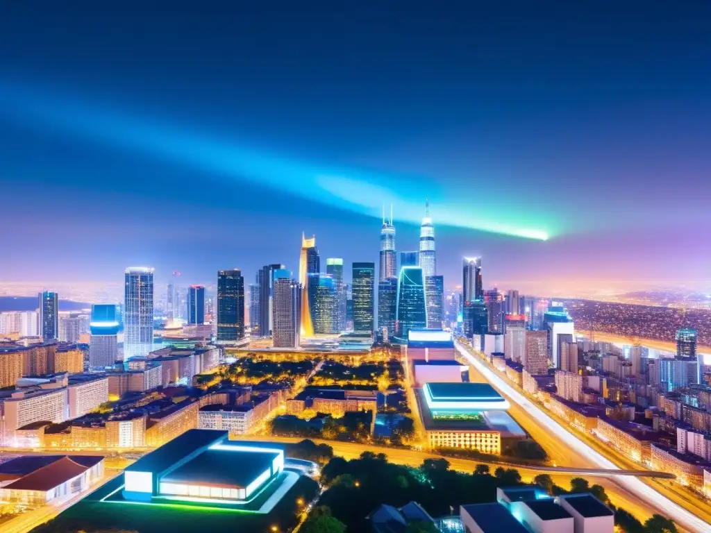 Vista nocturna de una ciudad moderna con edificios futuristas iluminados por luces vibrantes