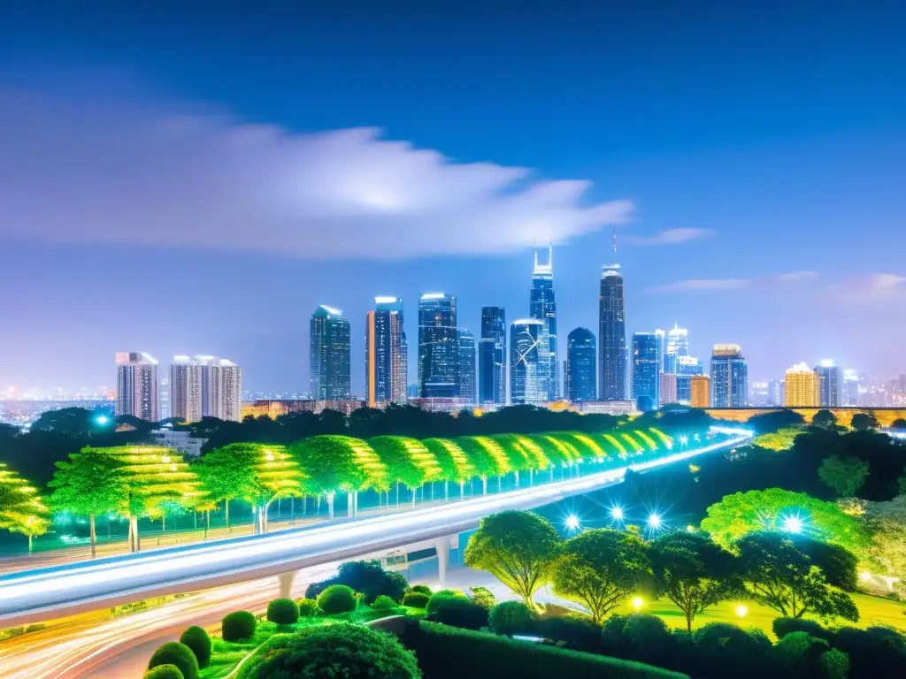 Vista nocturna de una ciudad moderna, con rascacielos brillantes y parques urbanos