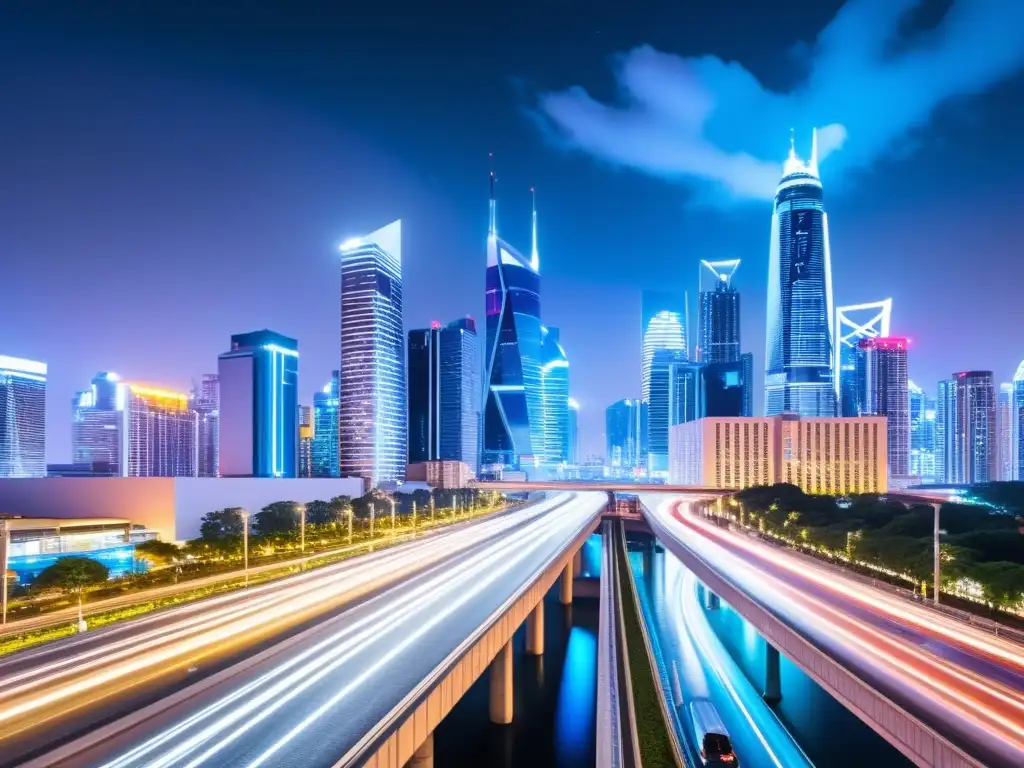 Vista nocturna de la ciudad con rascacielos futuristas iluminados por luces de neón y una red de autopistas brillantes