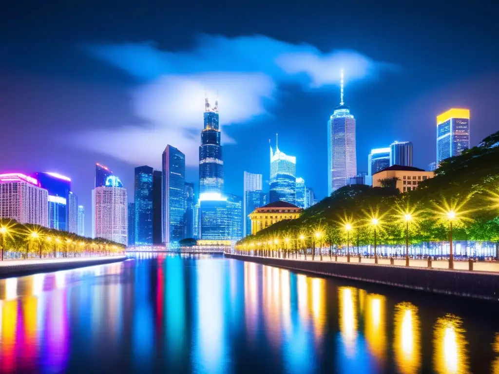 Vista nocturna de la ciudad con rascacielos iluminados reflejándose en el río