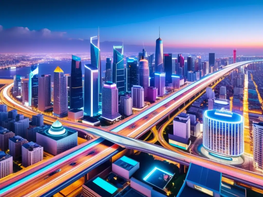 Vista nocturna de la ciudad con rascacielos futuristas iluminados y vehículos autónomos en redes viales