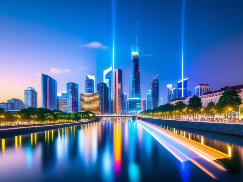 Vista nocturna de la ciudad con rascacielos iluminados por luces LED, reflejados en el río