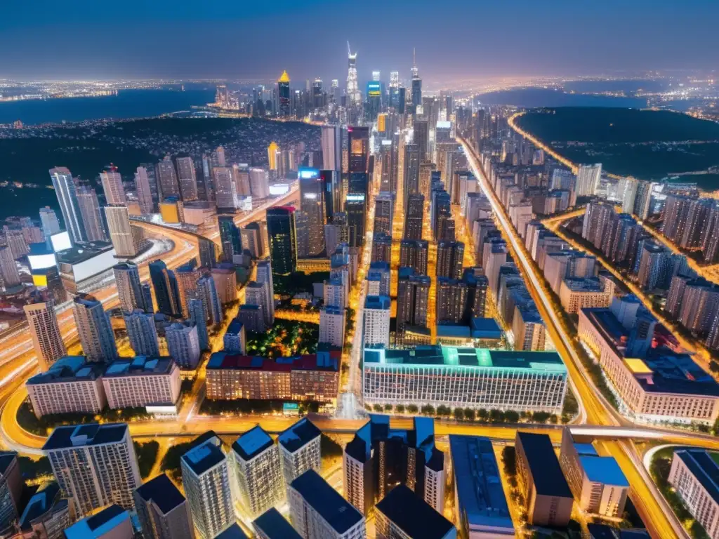 Vista nocturna de una ciudad con redes eléctricas preparadas para la transición energética, entre rascacielos iluminados y zonas residenciales