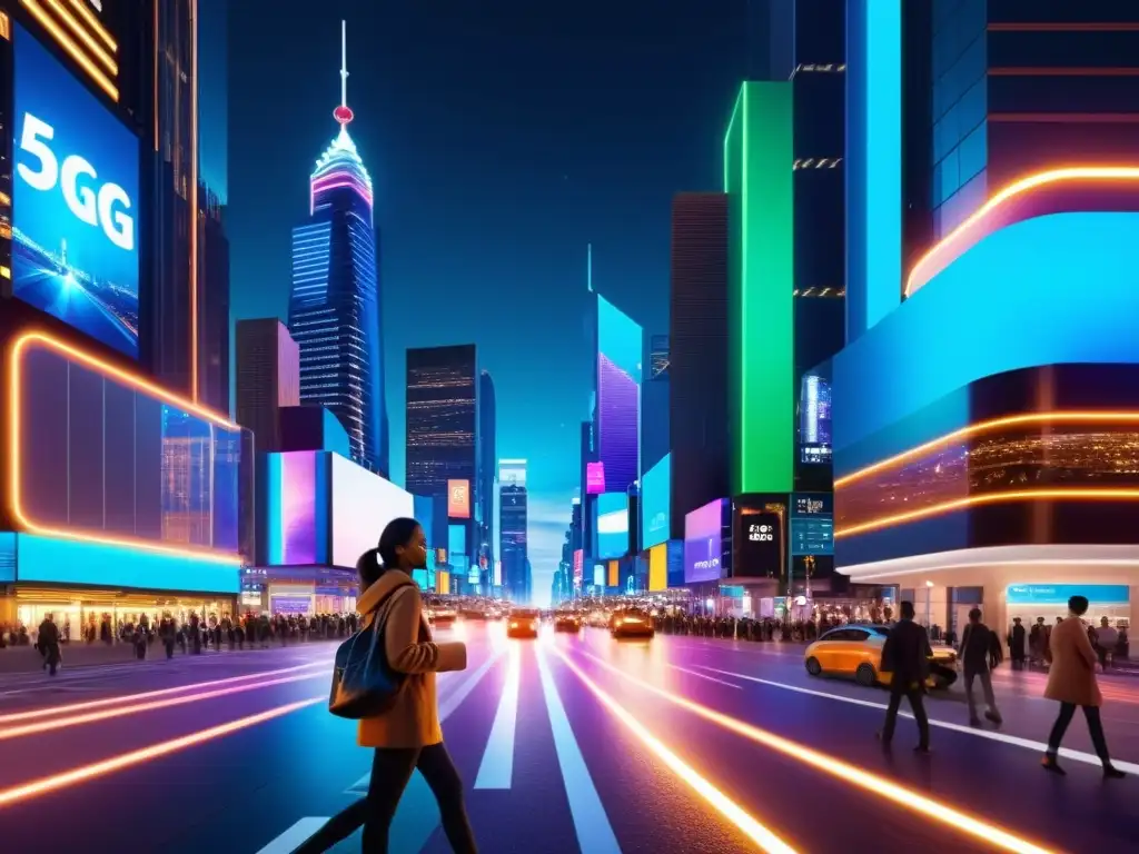 Vista nocturna de una ciudad vibrante con luces de neón y farolas inteligentes 5G, mostrando los beneficios del 5G para conectividad global