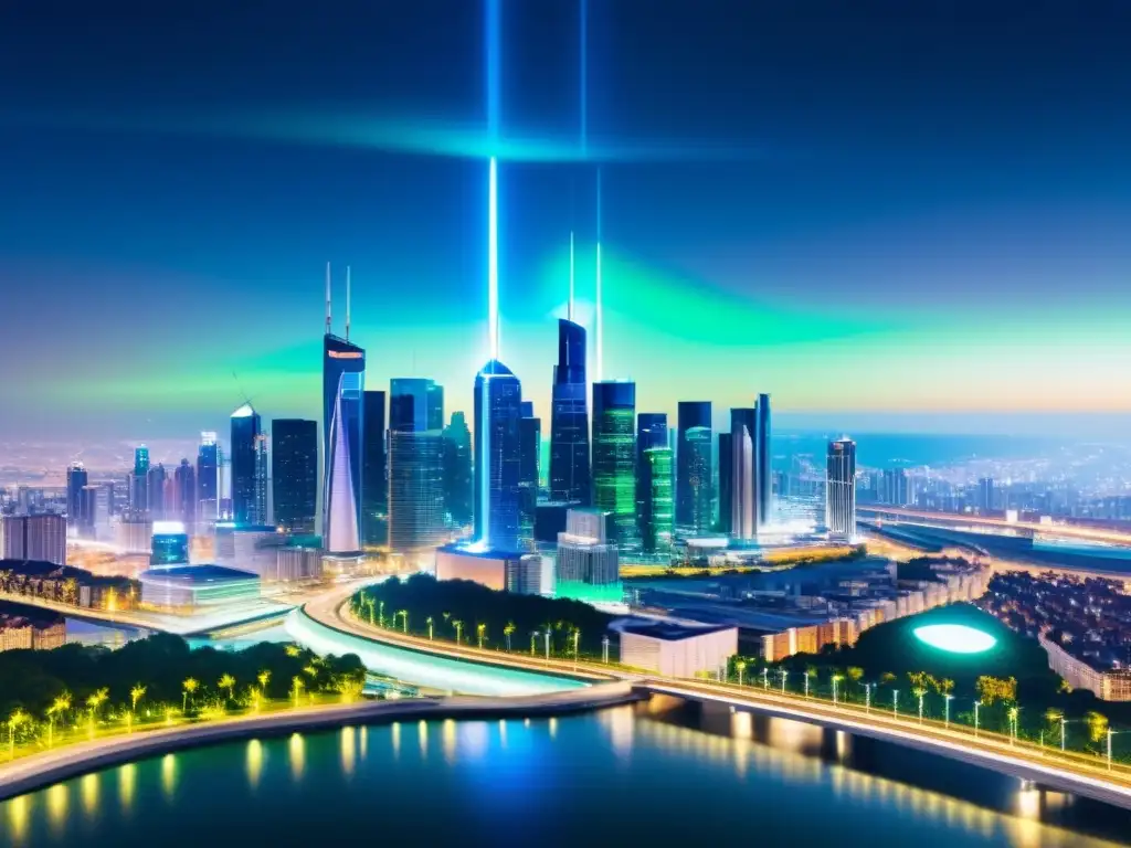 Horizonte futurista: torres 5G iluminan la ciudad Vista nocturna futurista de una ciudad con torres 5G iluminando el horizonte