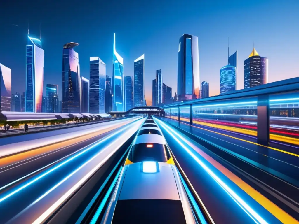 Vista nocturna futurista de una ciudad con redes de transporte avanzadas y tecnología 5G, con impacto económico en la industria del transporte