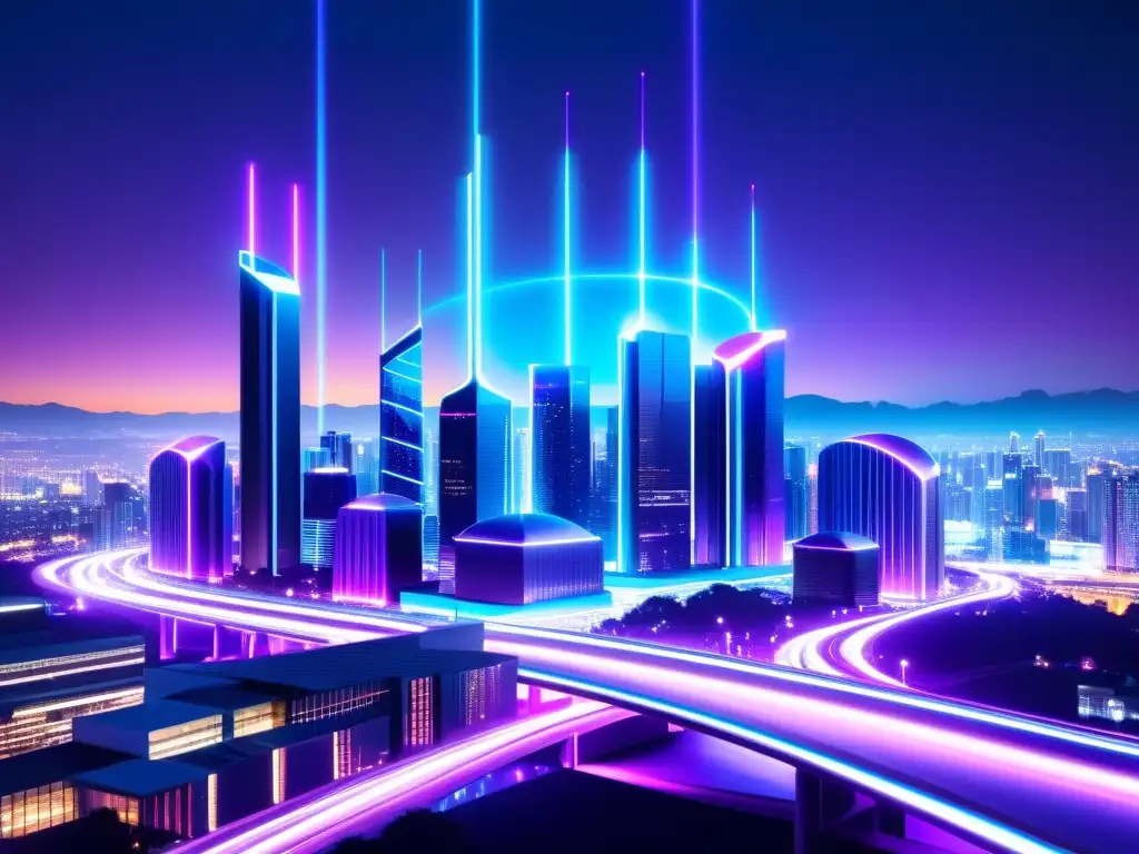 Vista nocturna futurista de la ciudad con torres 5G iluminadas en azul y morado, simbolizando prácticas seguridad redes 5G