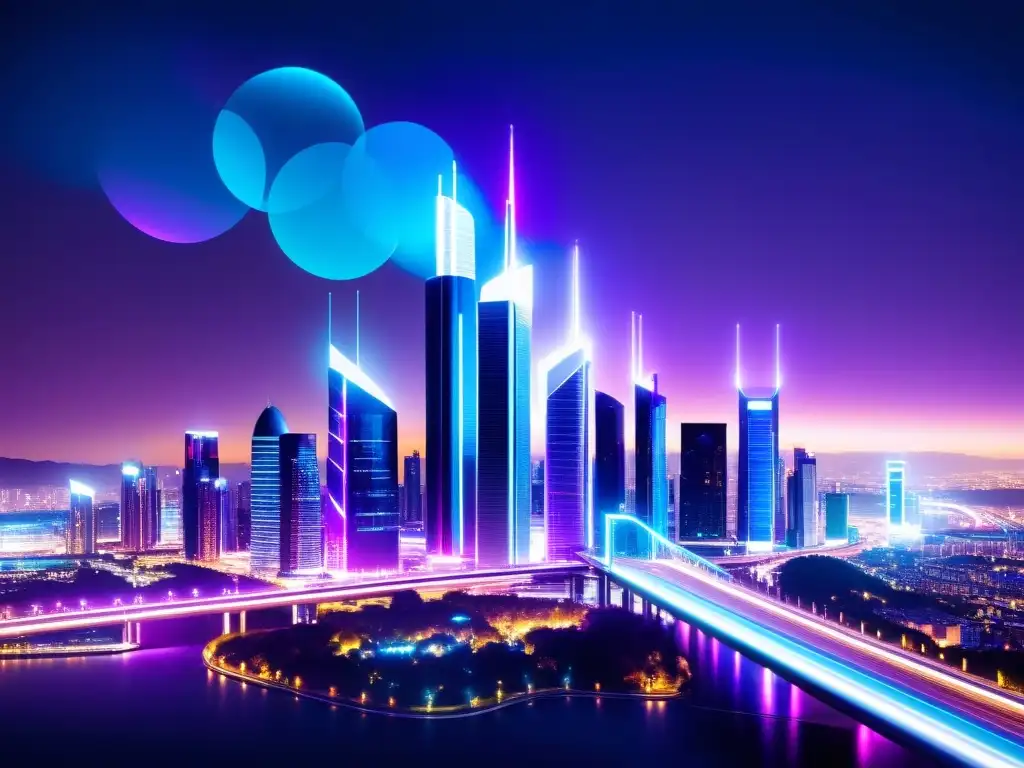 Vista nocturna de una futurista ciudad con torres 5G iluminadas en azul y morado, reflejando innovación y conectividad