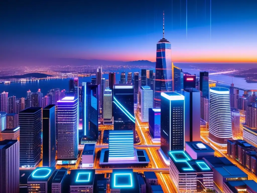 Futurista ciudad nocturna: redes digitales y ciberseguridad IoT Vista nocturna futurista de una ciudad con redes digitales interconectadas, mostrando el impacto de las fugas de información en IoT