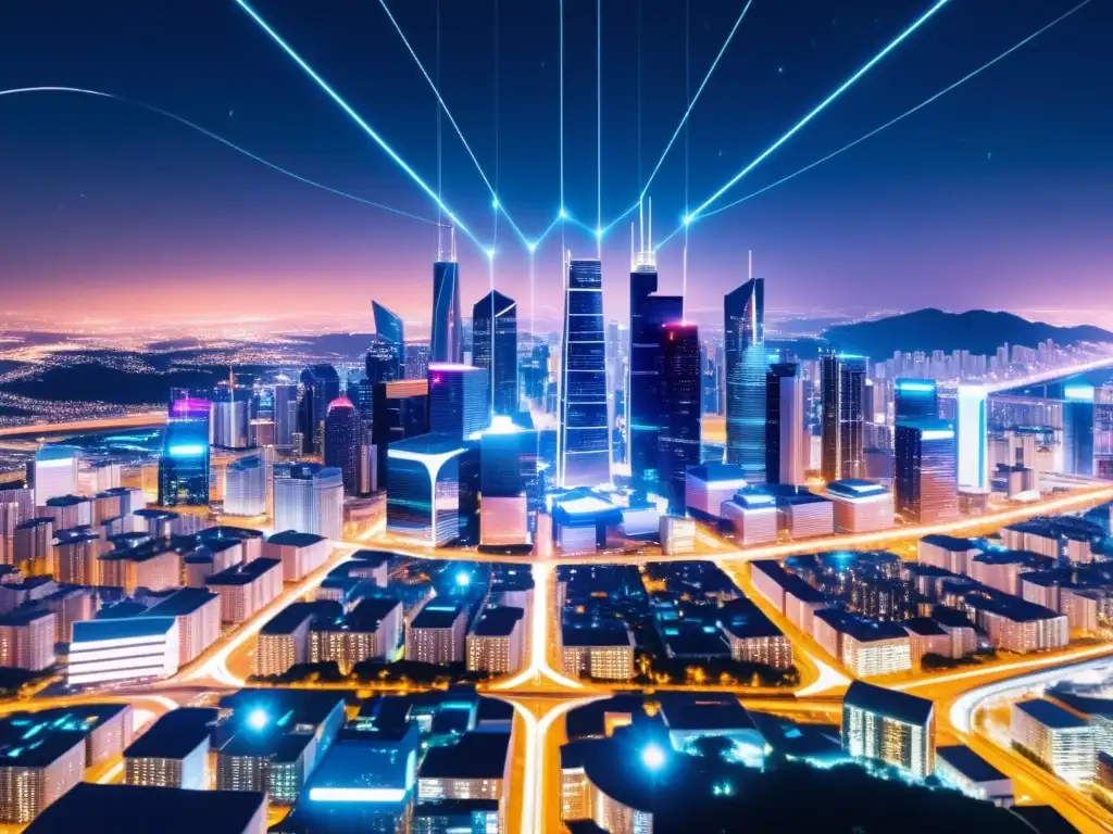 Vista nocturna futurista de una ciudad con rascacielos iluminados, rodeada por una red de líneas y nodos brillantes que representan la compleja infraestructura de la tecnología 5G