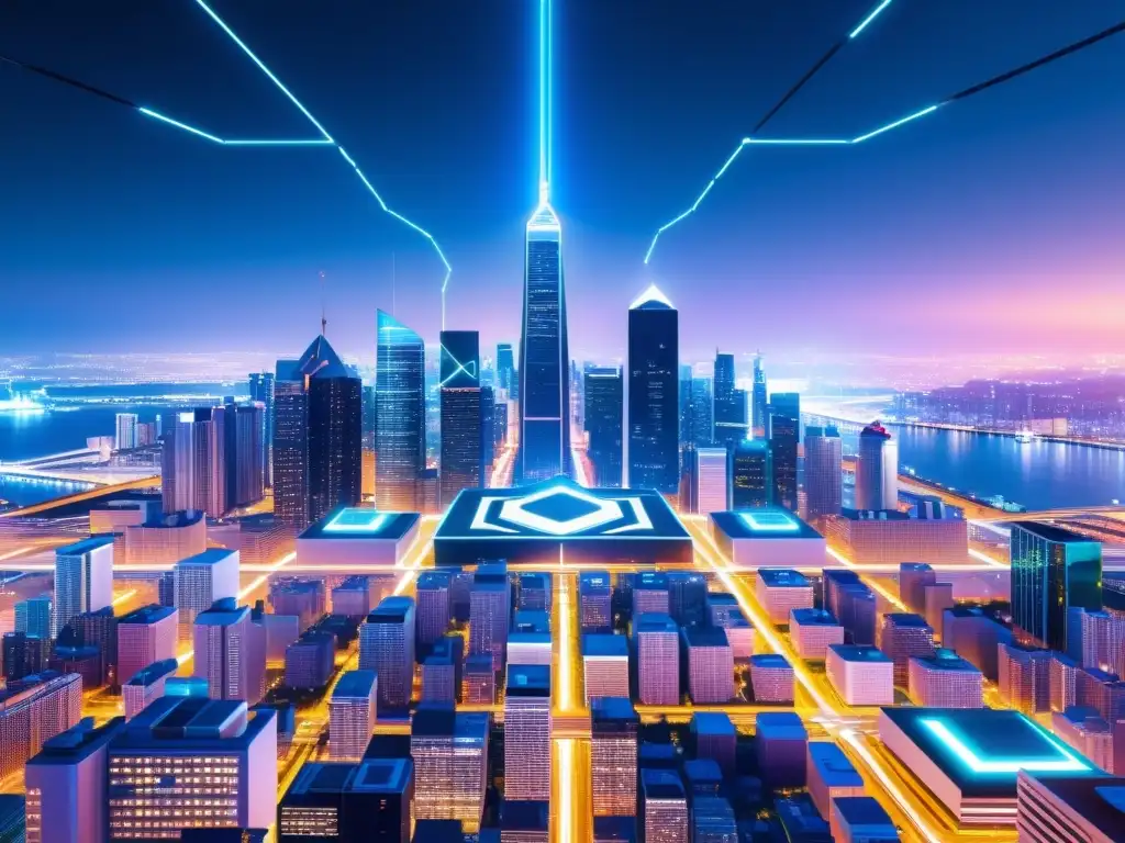 Ciudad futurista nocturna con tecnología blockchain Vista nocturna de una futurista ciudad digital con tecnología blockchain integrada, simbolizando la privacidad online y blockchain