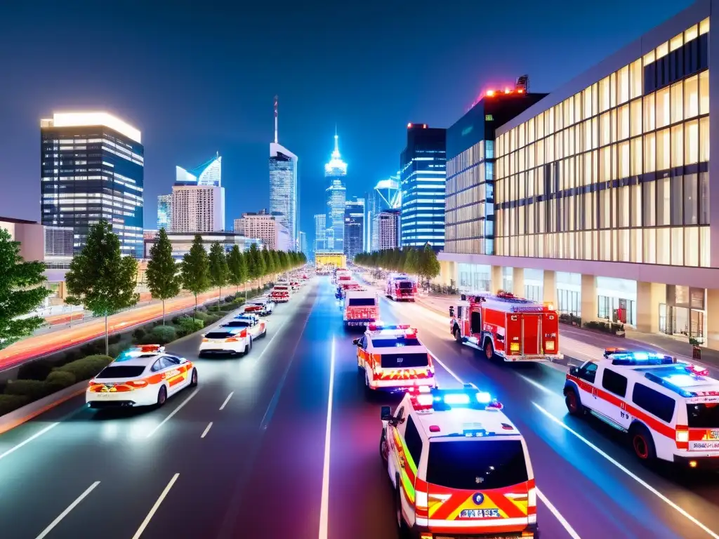 Vista nocturna urbana con vehículos de emergencia equipados con IoT en acción