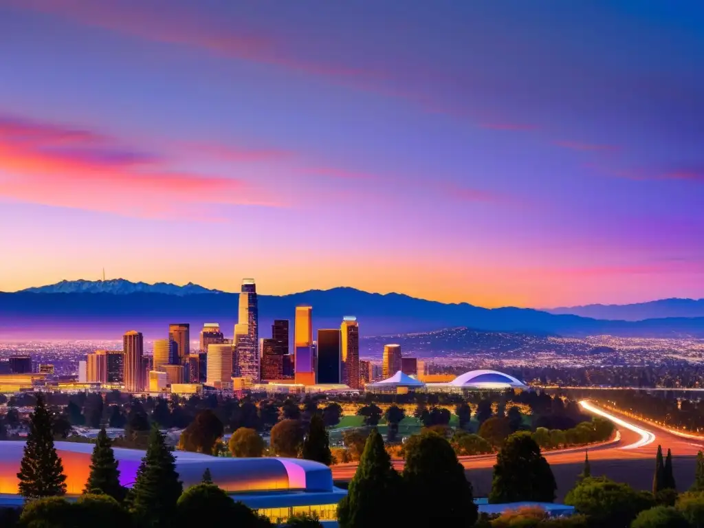 Vista panorámica de Silicon Valley al atardecer, con los icónicos edificios de empresas tecnológicas iluminados