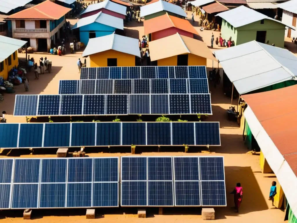 Vista panorámica de un bullicioso mercado en un país en desarrollo, con paneles solares vibrantes en los techos, iluminado por el sol