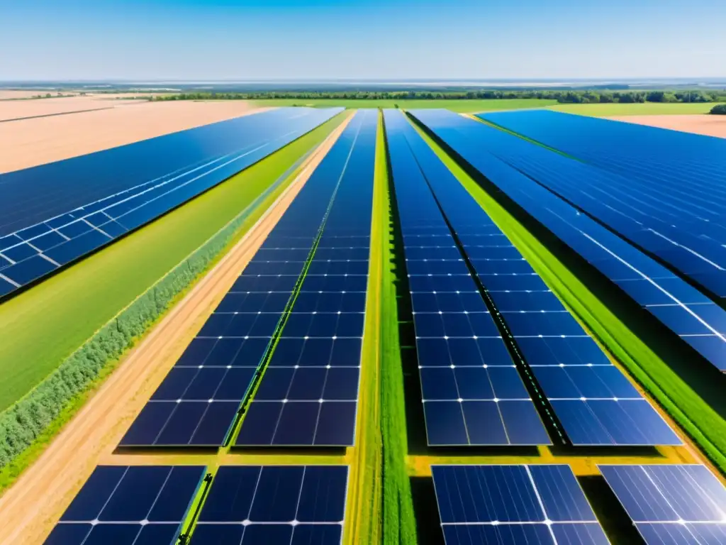 Vista panorámica de un campo de paneles solares con baterías verdes