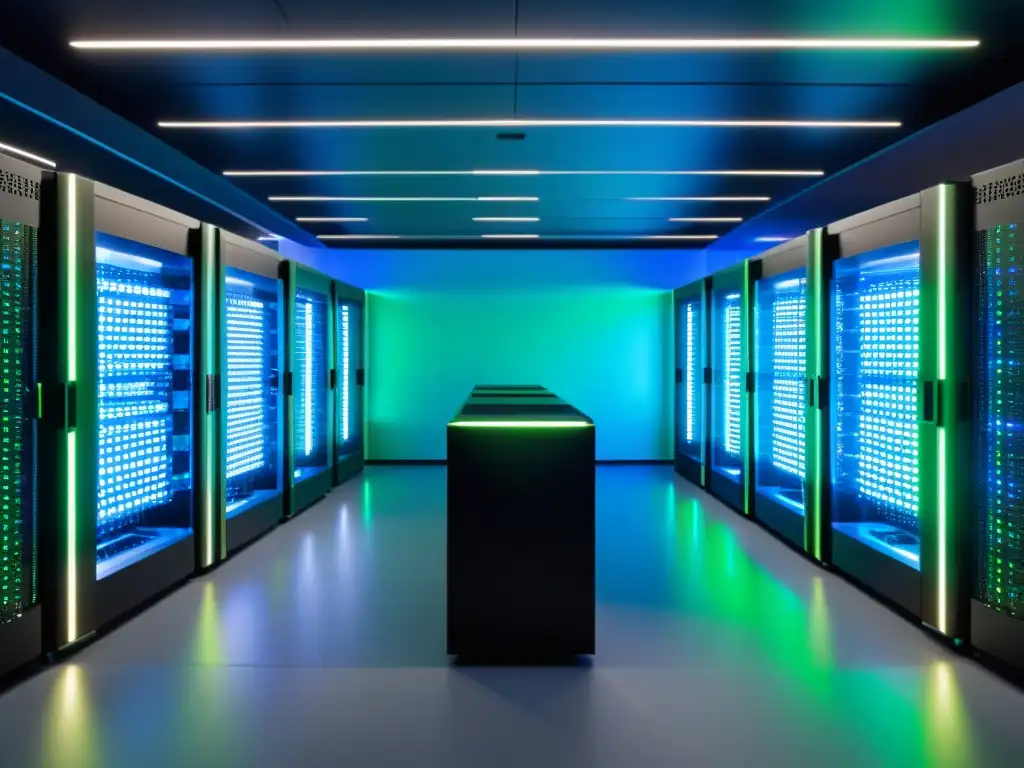 Una vista panorámica de un centro de datos de alta tecnología con servidores interconectados iluminados por luces LED azules y verdes