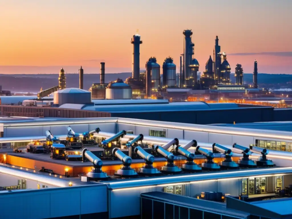 Vista panorámica de ciudad con atardecer, y avanzada fábrica robótica