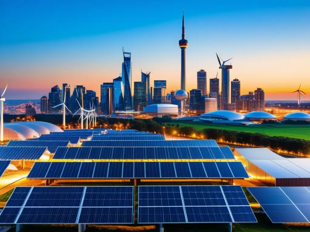 Vista panorámica de una ciudad bulliciosa al atardecer, con rascacielos modernos junto a energías renovables como molinos de viento y paneles solares, reflejando la transición energética en economías petroleras