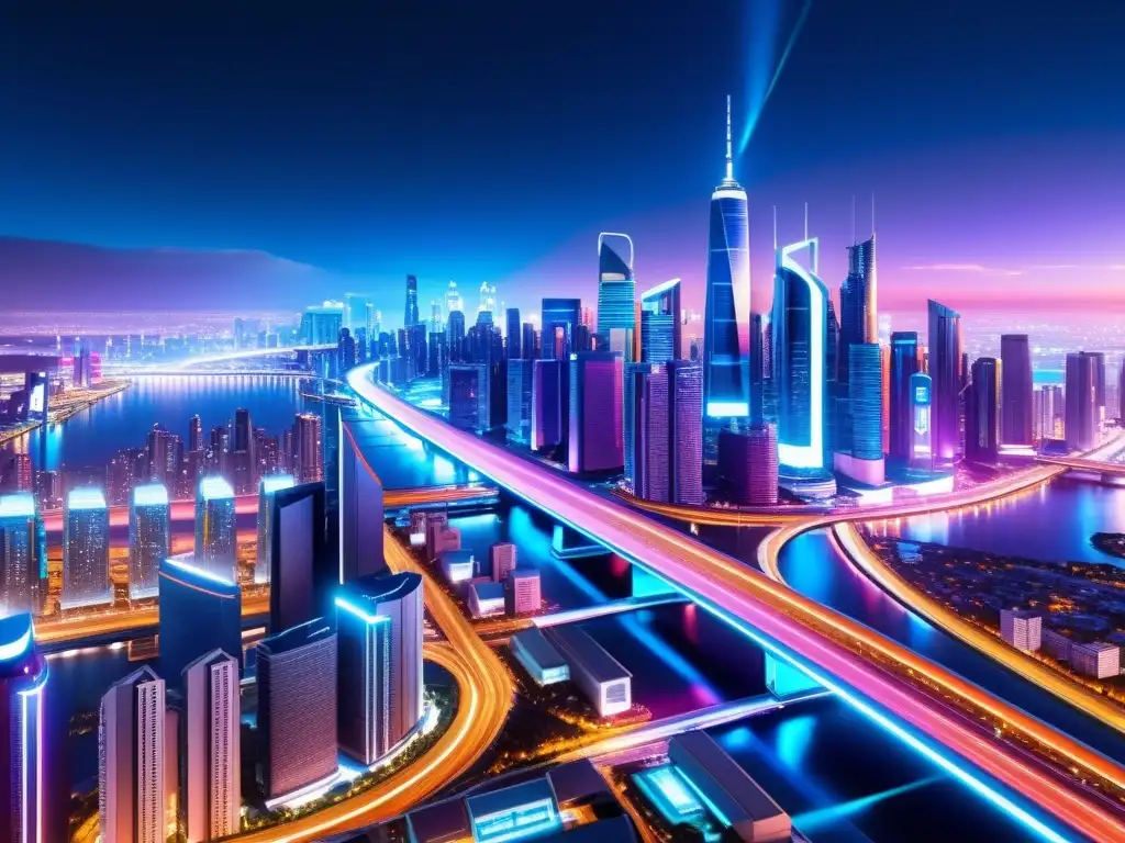 Vista panorámica de una ciudad futurista de noche, con rascacielos iluminados por luces de neón y una red de autopistas brillantes