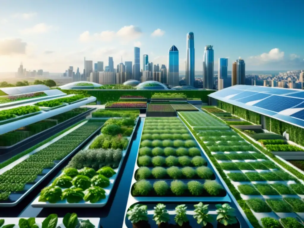 Vista panorámica de una ciudad futurista con agricultura urbana inteligente IoT integrada en los edificios y paisajes urbanos sostenibles