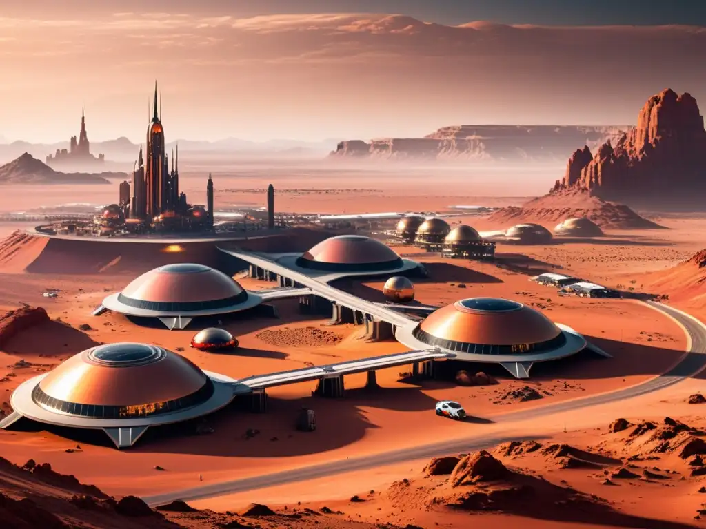 Metrópolis marciana: visión futurista de la colonización del planeta rojo Vista panorámica de una ciudad futurista en Marte, con robots de construcción trabajando en innovadoras estructuras