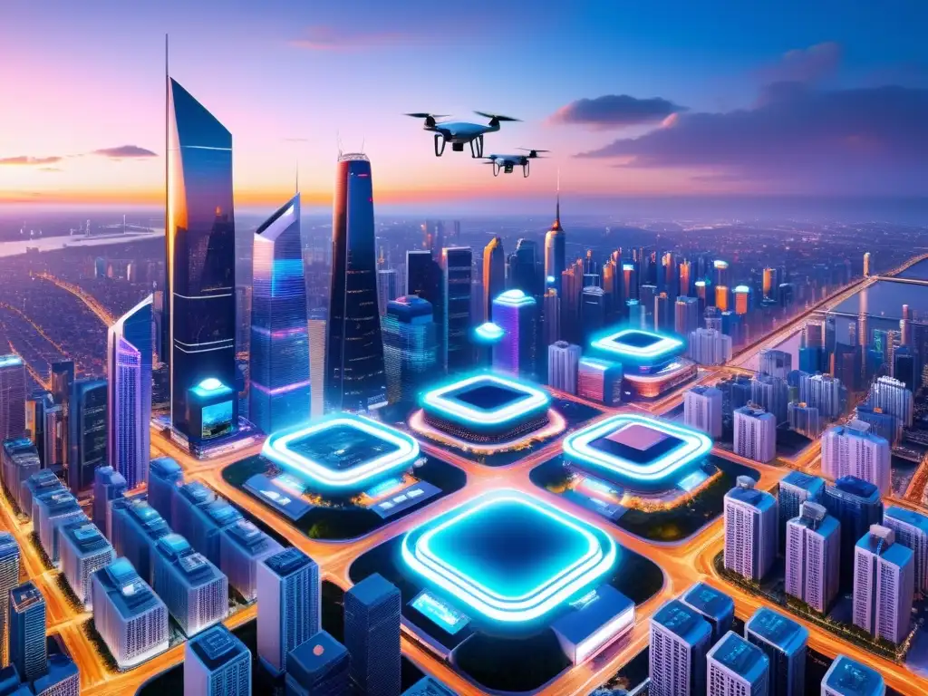 Vista panorámica de una ciudad futurista al anochecer, con rascacielos iluminados por redes 5G, drones de alta velocidad y personas trabajando desde casa con tecnología holográfica, mostrando el impacto del 5G en el trabajo remoto