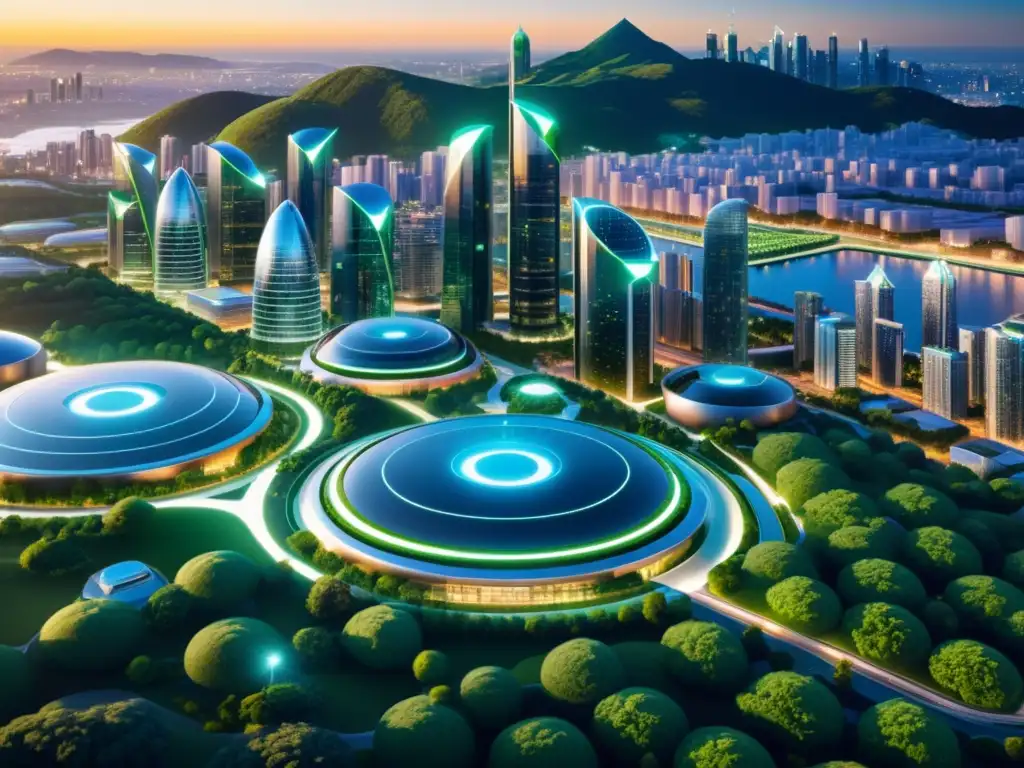 Vista panorámica de una ciudad futurista con infraestructura 5G y su impacto ambiental integrado, edificios modernos y espacios verdes sostenibles