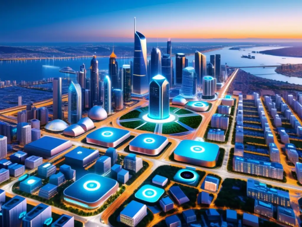 Vista panorámica de una ciudad inteligente futurista con dispositivos IoT y normativas de seguridad