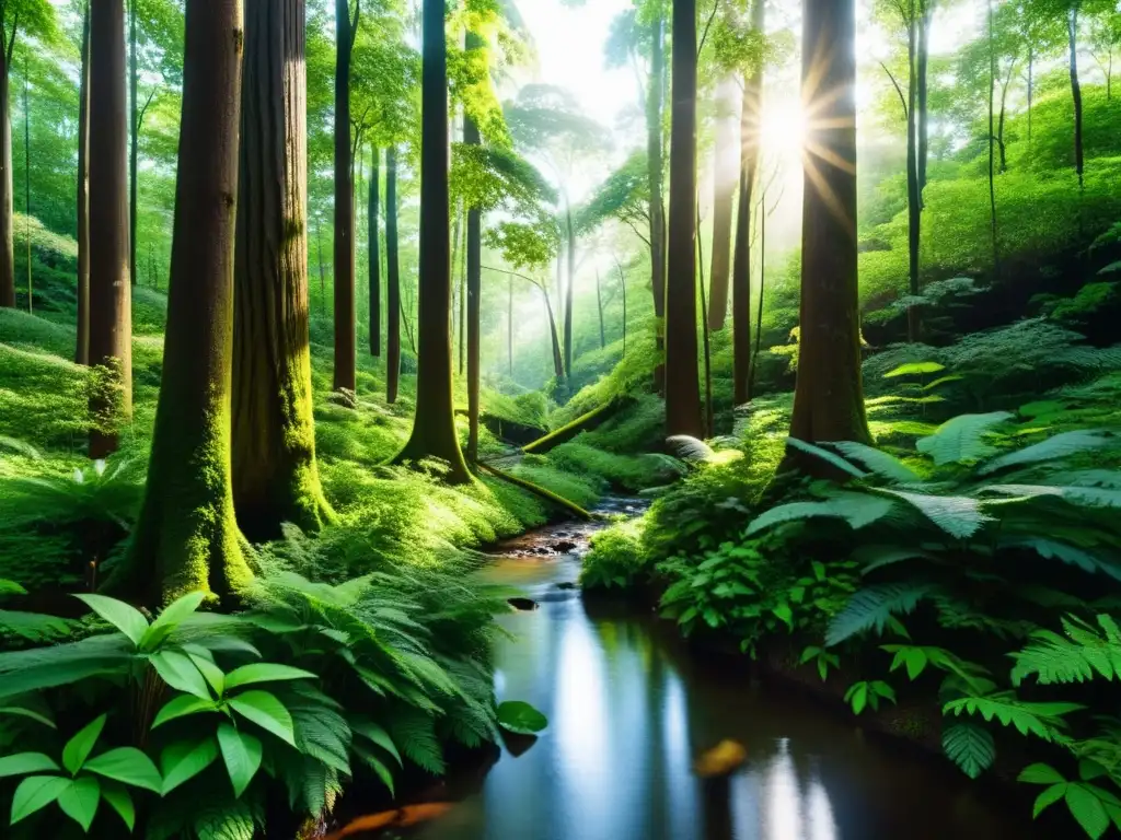 Vista panorámica de un frondoso bosque con luz solar entre los árboles