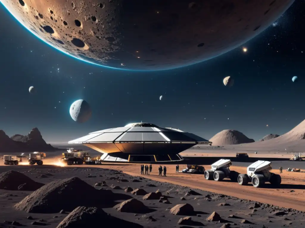 Vista panorámica de una futurista instalación minera espacial con maquinaria robótica y trabajadores humanos colaborando en un hangar lleno de tecnología de vanguardia