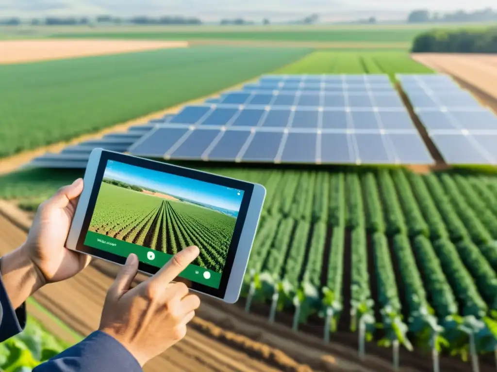 Vista panorámica de una granja moderna con campos verdes exuberantes, integración perfecta de IoT en agricultura ecológica