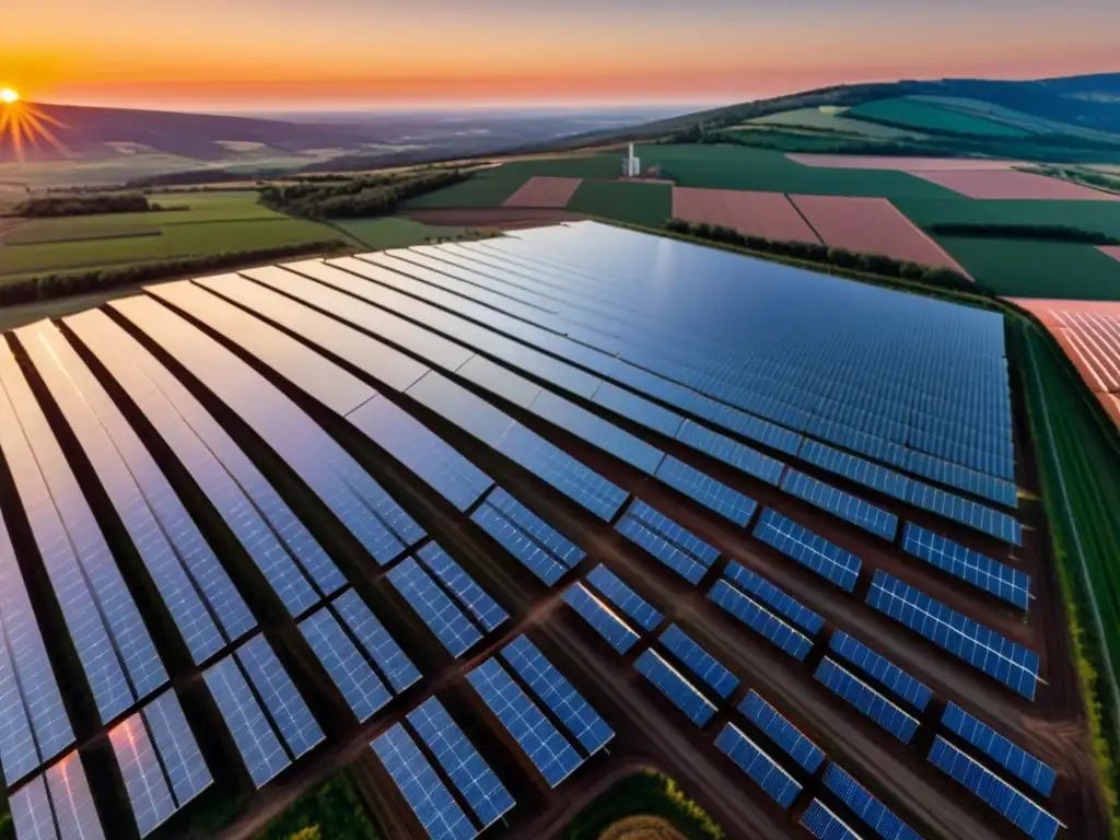 Vista panorámica de una granja solar al atardecer, con paneles solares en filas, bajo un cielo vibrante