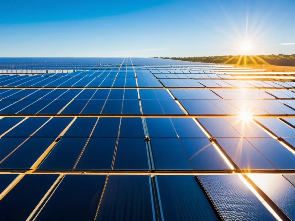 Vista panorámica de una granja solar con paneles relucientes bajo un cielo azul, destacando el papel de la OPEP en energías renovables