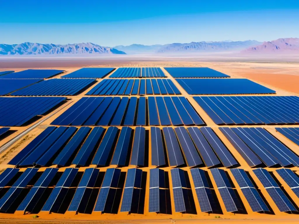 Vista panorámica de una inmensa granja solar en el desierto, con paneles relucientes bajo el sol y montañas lejanas