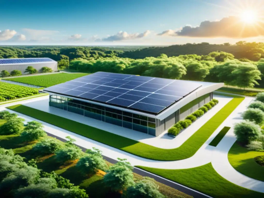 Vista panorámica de una moderna instalación industrial con arquitectura futurista, rodeada de vegetación exuberante y paneles solares en el techo