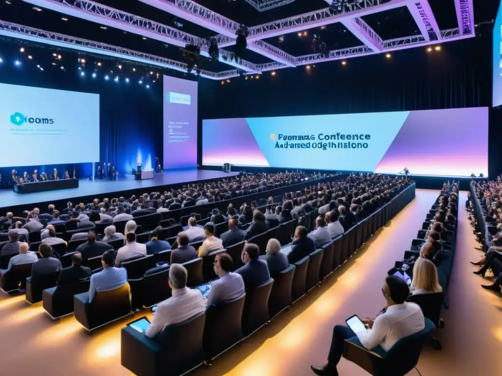 Vista panorámica de una moderna sala de conferencias llena de asistentes, con tecnología AI avanzada en pantalla