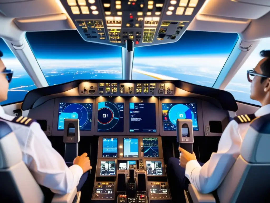 Vista panorámica del moderno cockpit de avión comercial con tecnología IoT en la aviación segura, mostrando pantallas futuristas y visualizaciones de datos