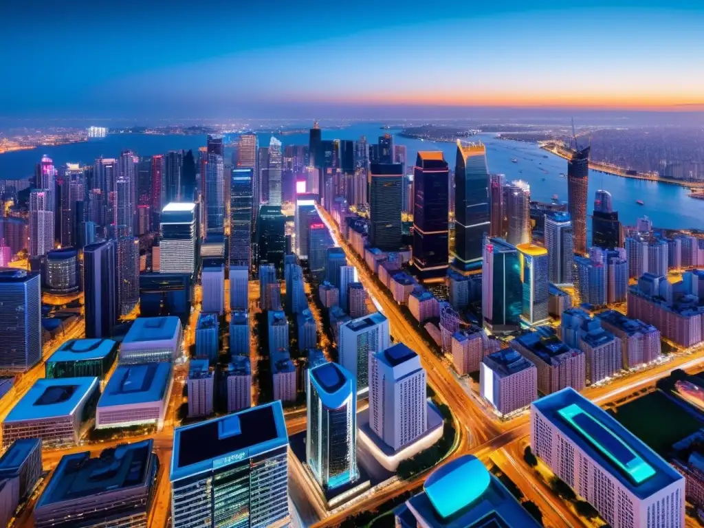 Vista panorámica nocturna de la bulliciosa ciudad, con el resplandor de luces de neón y rascacielos