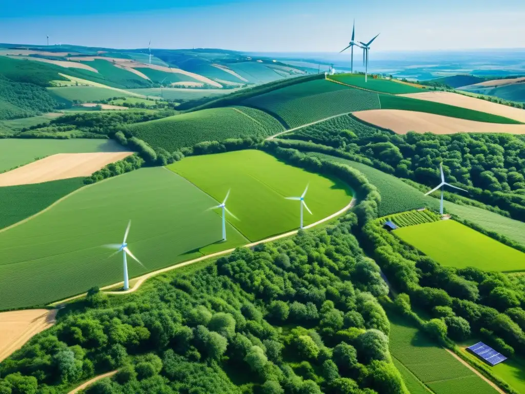 Vista panorámica de un paisaje exuberante con colinas verdes, un pueblo integrado en la naturaleza y energía sostenible
