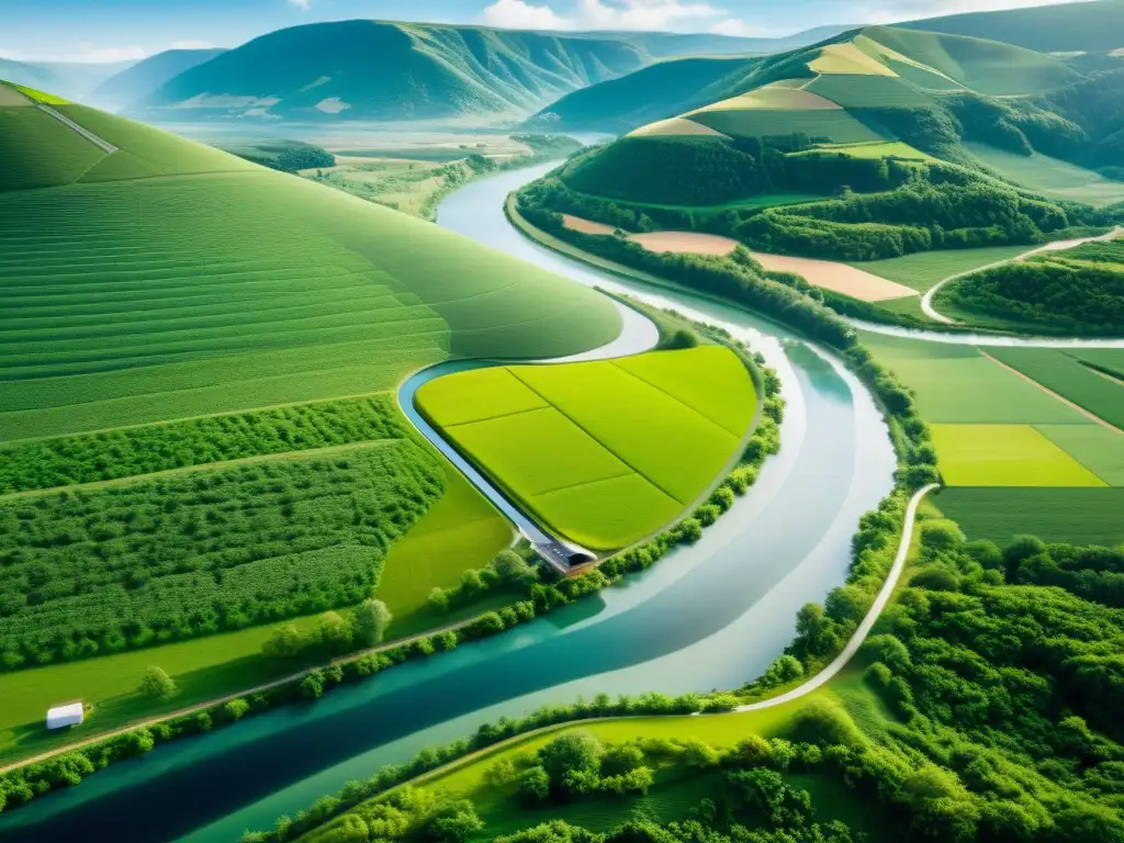 Planta de hidrógeno verde: un oasis sostenible Vista panorámica de un paisaje exuberante con planta de hidrógeno verde, resaltando beneficios y desafíos del hidrógeno verde