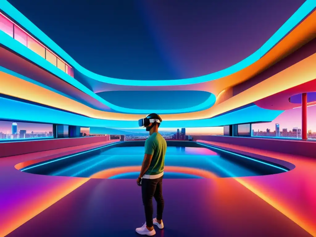 Vista panorámica de un paisaje de realidad virtual futurista, con colores vibrantes y narrativa inmersiva AR/VR