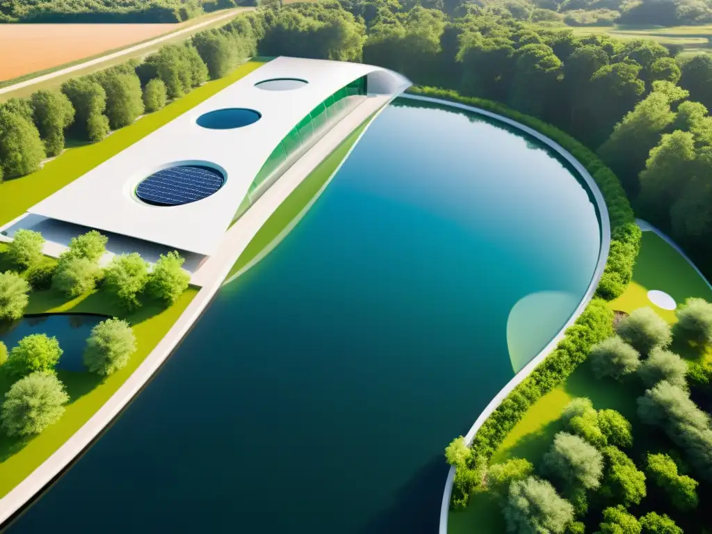 Vista panorámica de una planta futurista de tratamiento de agua con nanotecnología integrada, rodeada de exuberante vegetación y agua cristalina