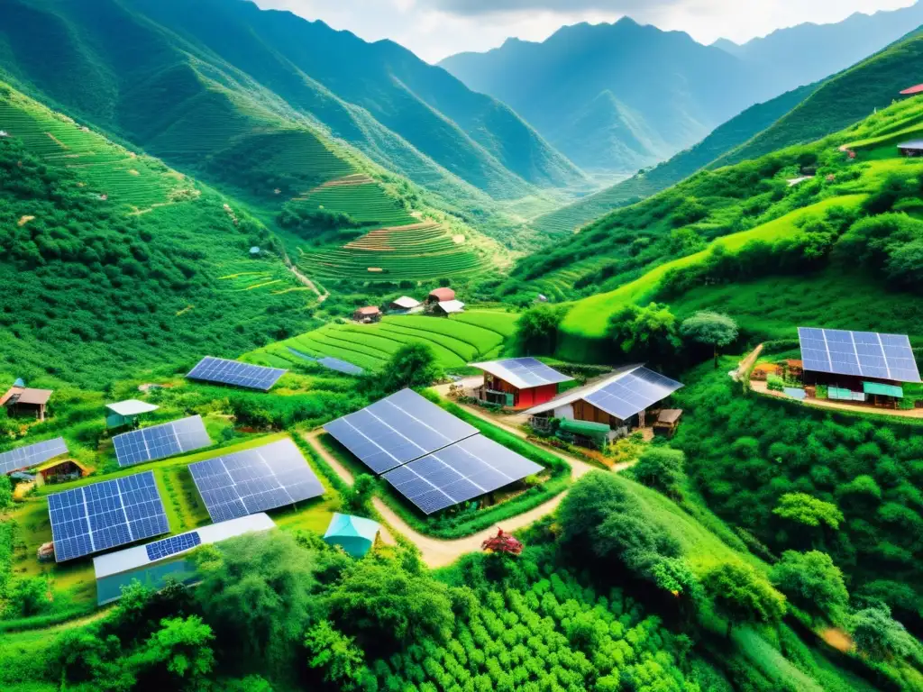 Microgrids sostenibles: comunidad vibrante en la montaña Vista panorámica de un pueblo remoto en las montañas, con microredes integradas y actividades comunitarias