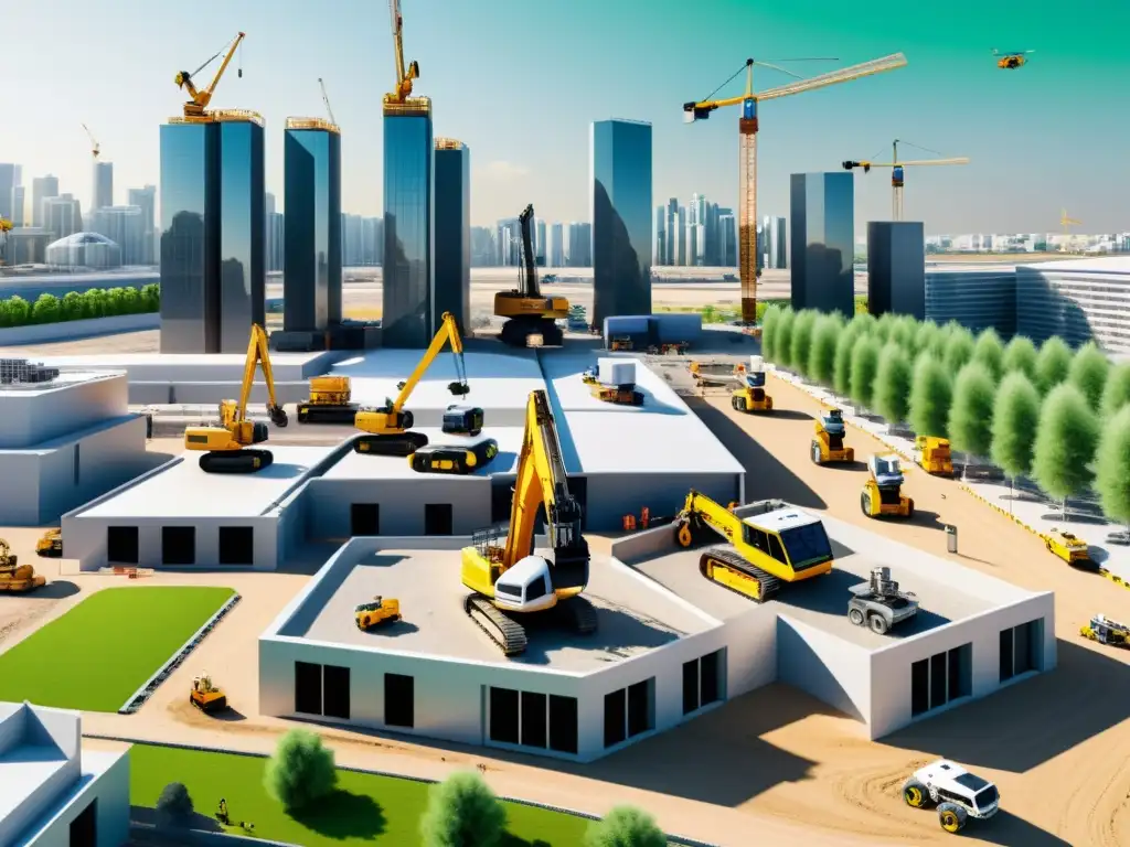 Vista panorámica de un sitio de construcción futurista con maquinaria IoT, grúas automatizadas, impresoras 3D y trabajadores con gafas de realidad aumentada