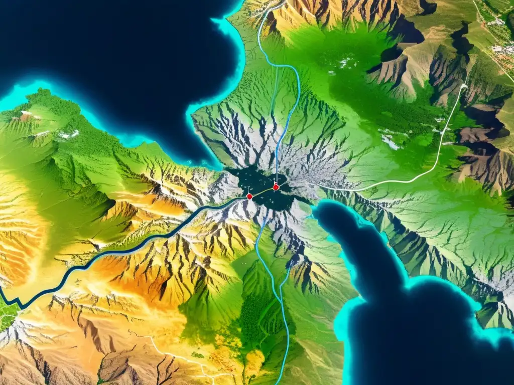 Vista satelital de una ciudad junto a montañas con tecnología de predicción del clima y riesgos de desastres naturales con IA