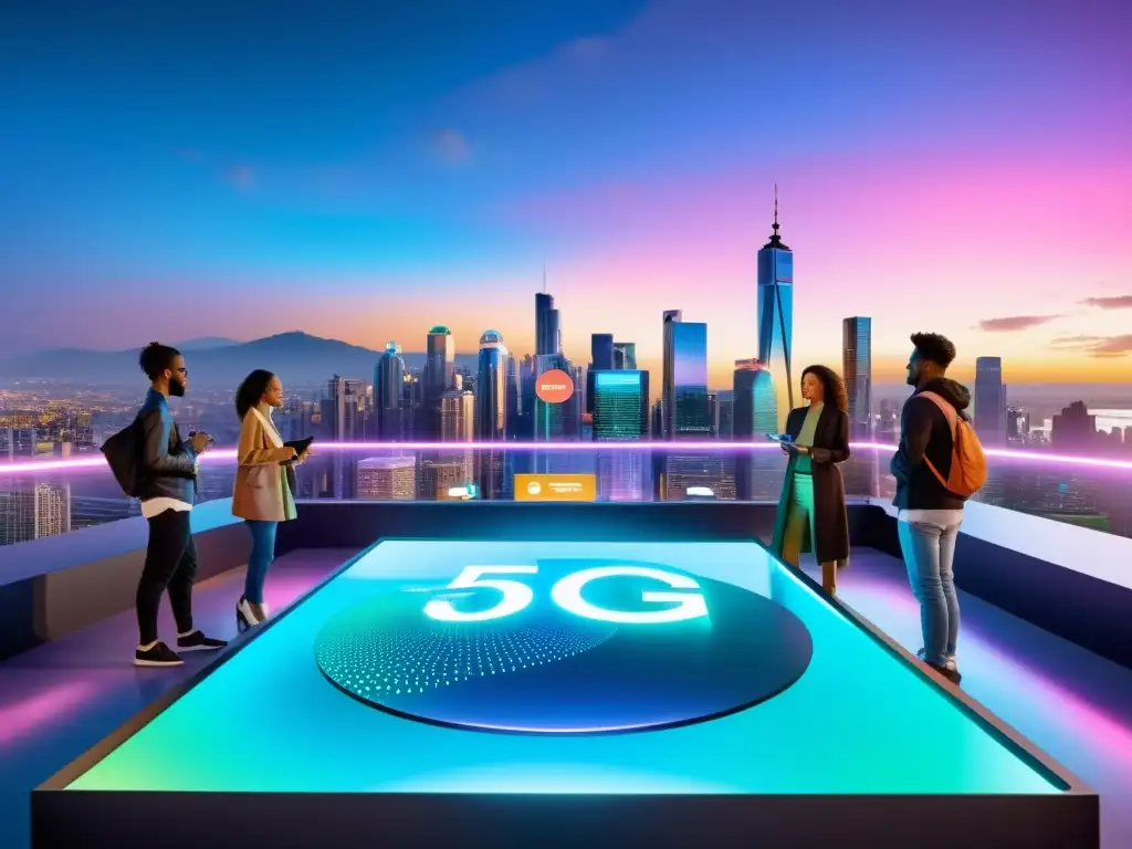 Vista urbana futurista en la azotea con interacciones sociales holográficas a través de dispositivos 5G