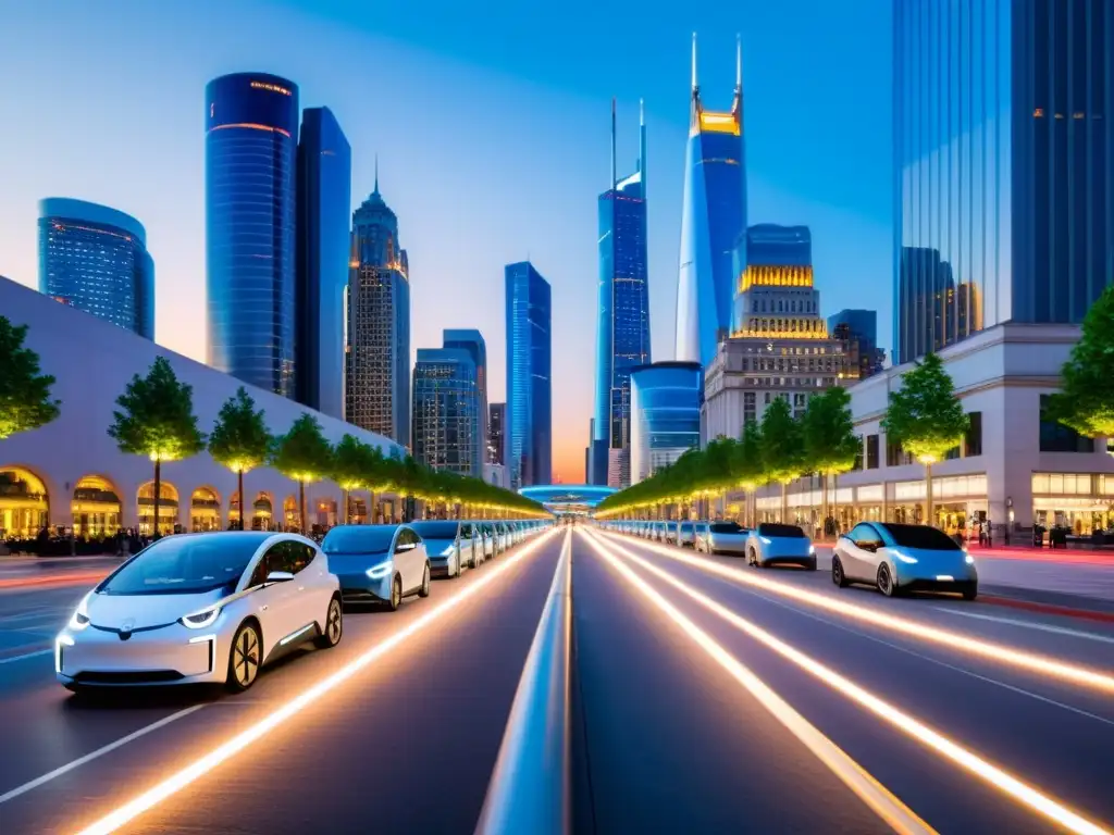 Vista urbana futurista al anochecer con coches eléctricos, estaciones de carga y rascacielos iluminados