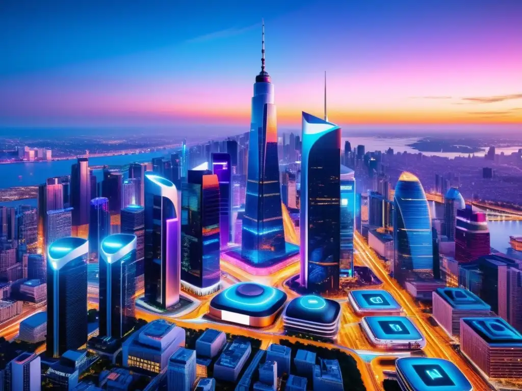 Vista urbana futurista con rascacielos y torres 5G brillantes, reflejando progreso e innovación